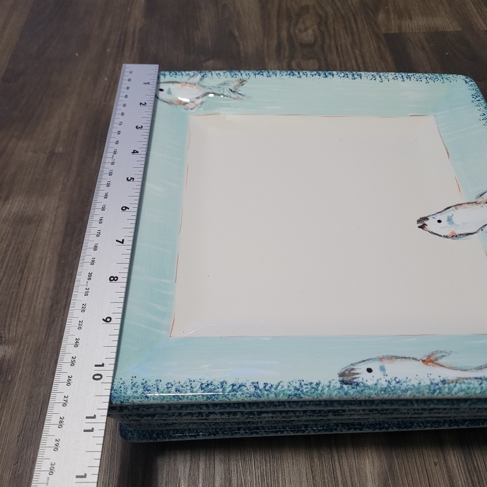 American Atelier Currents square dinner plates Saucers Hand Painted fish design - Picture 7 of 10